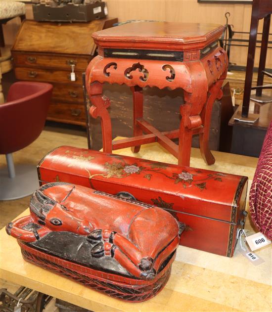 A Chinese red lacquered jardiniere stand, a Chinese red lacquered chest and a carved wood box and cover